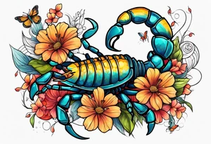 Large scorpion with flowers and butterflies tattoo idea