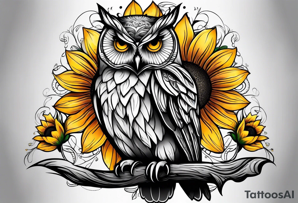 Owl with sunflower body tattoo idea