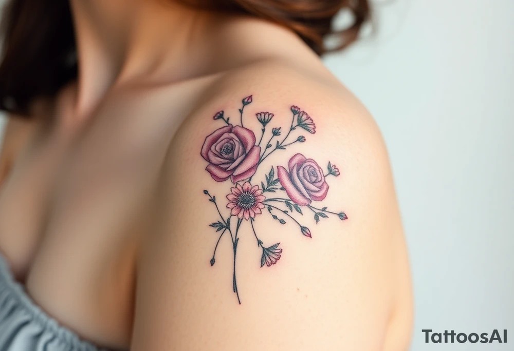 vintage bouquet of wild roses and meadow flowers with morning dew tattoo idea