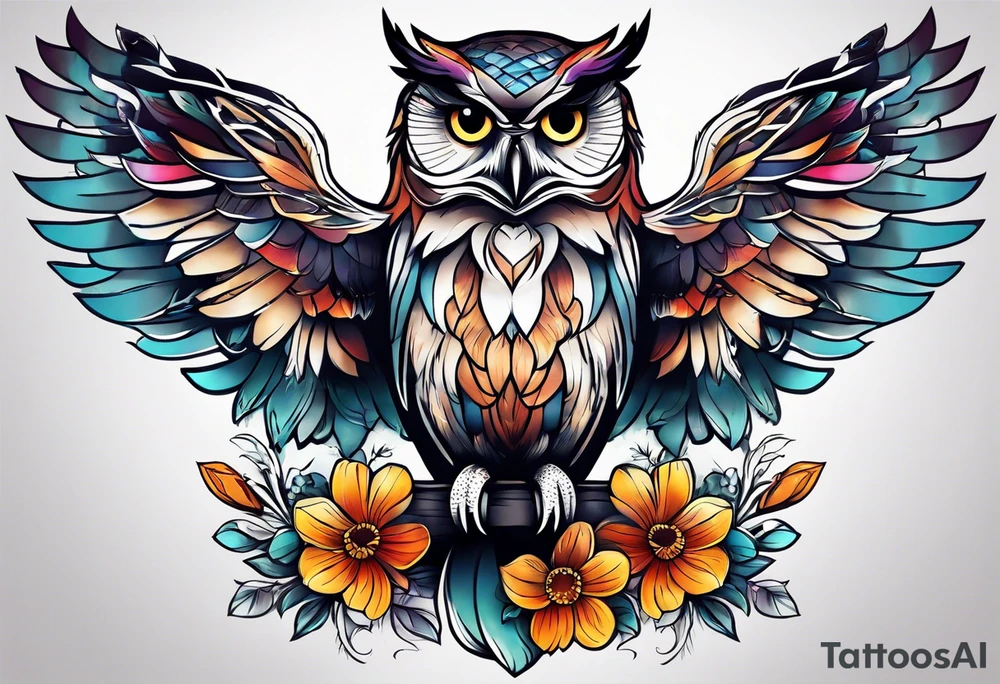 female owl with flowers tattoo idea