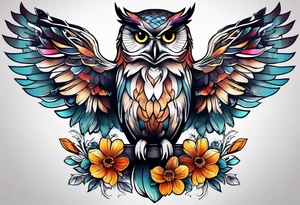 female owl with flowers tattoo idea