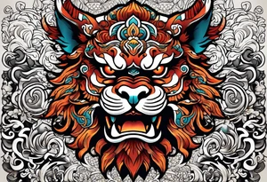 Two Traditional full body, Okinawa shisa on either side of chest pectoral. Orginal color tattoo idea