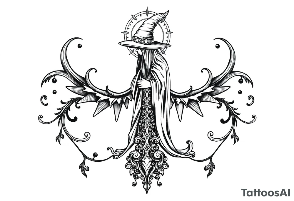 mystical and long ornament with witch mytolog and ancient rhyme tattoo idea