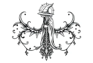mystical and long ornament with witch mytolog and ancient rhyme tattoo idea