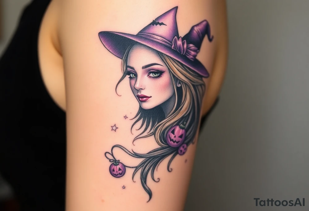 A witches portrait with purple accents and halloween ornaments tattoo idea