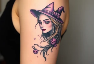 A witches portrait with purple accents and halloween ornaments tattoo idea