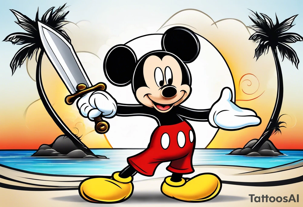 mickey mouse holding sword with palm trees tattoo idea