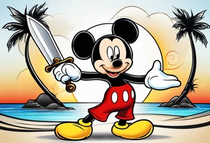 mickey mouse holding sword with palm trees tattoo idea