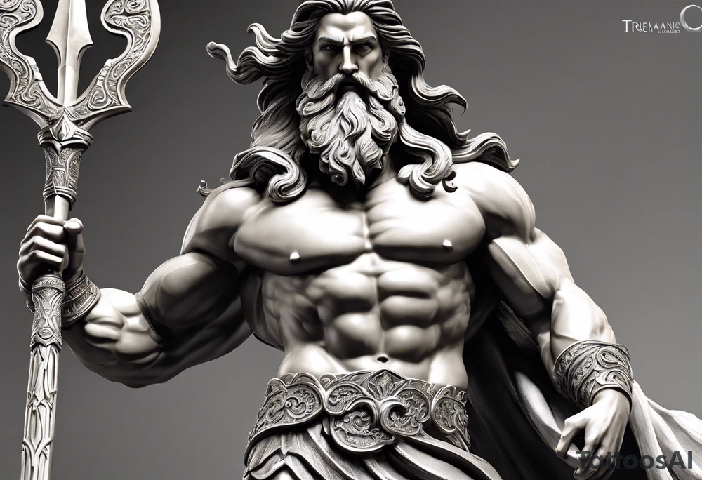 Poseidon is shown in a powerful and commanding pose, with intricate details highlighting his muscular physique and regal presence. His long, flowing beard and hair are depicted with meticulous shading, giving them a lifelike texture. The god’s eyes are intense and penetrating, capturing his divine authority.

He holds his iconic trident, detailed with sharp, defined prongs and intricate designs along the handle. The trident is positioned prominently, symbolizing his dominion over the oceans. His skin is rendered with lifelike textures, and the flowing elements of his hair and beard suggest movement, as though caught in a gust of wind.

The background is kept minimalistic and clean, focusing solely on Poseidon and his trident, allowing the detailed depiction of the god himself to stand out. The use of shadows and highlights enhances the three-dimensional effect, bringing out the strength and majesty of Poseidon in a strikingly realistic manner. tattoo idea