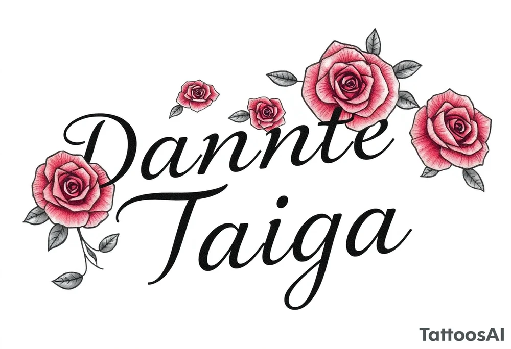 names "Dante" and "Taiga" surrounded by roses tattoo idea