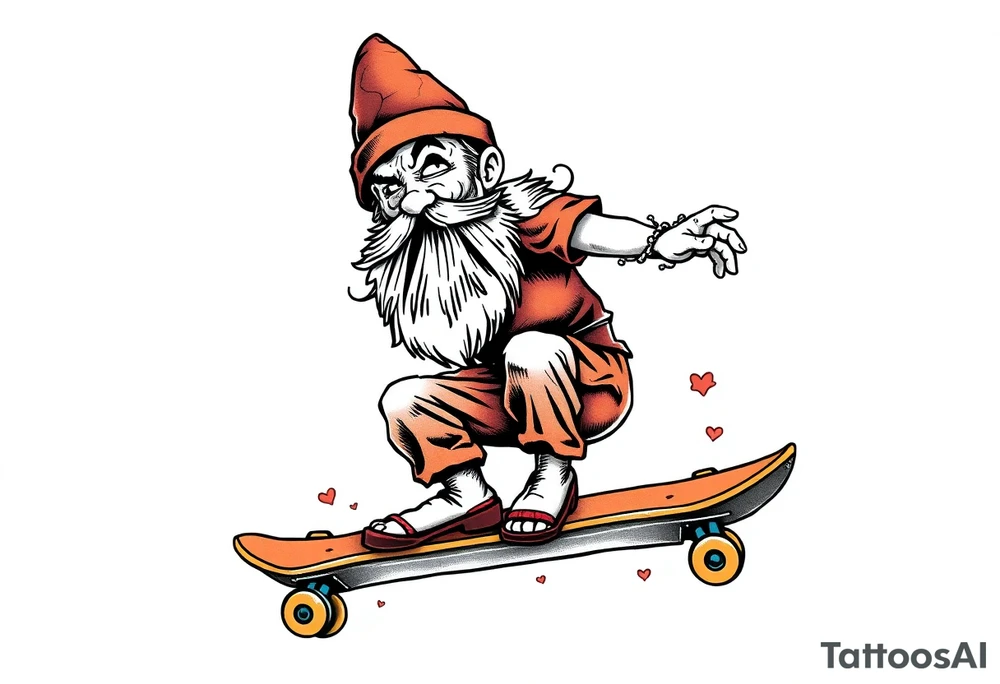 an old bearded peter pan riding a skateboard tattoo idea