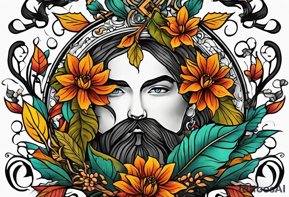 Full arm with fall colors, flowers, water, leaves and various shapes tattoo idea
