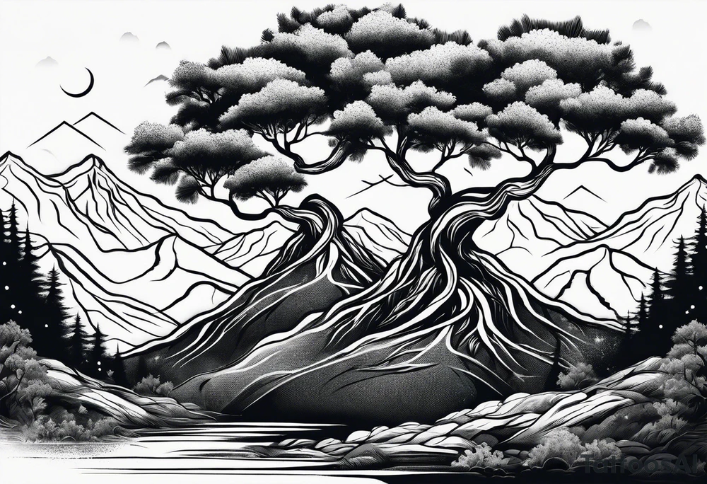 Three mountains three trees with roots tattoo idea
