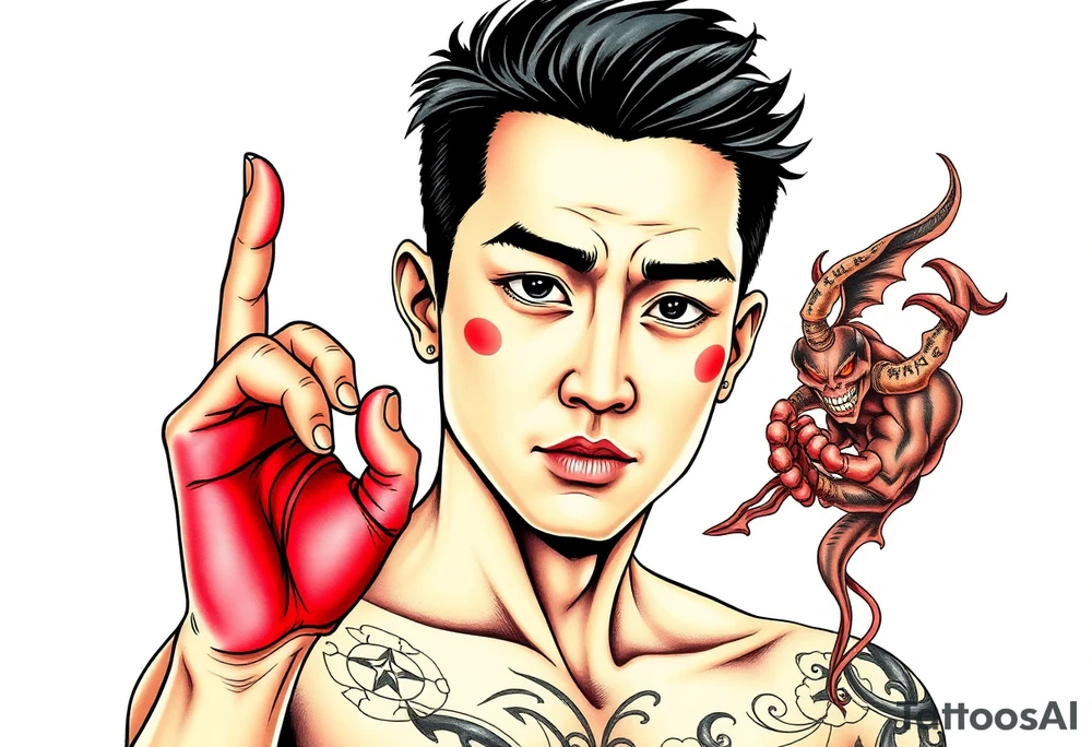 Handsome Asian young guy is putting fighting  make up on protecting from evil tattoo idea