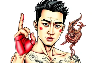 Handsome Asian young guy is putting fighting  make up on protecting from evil tattoo idea