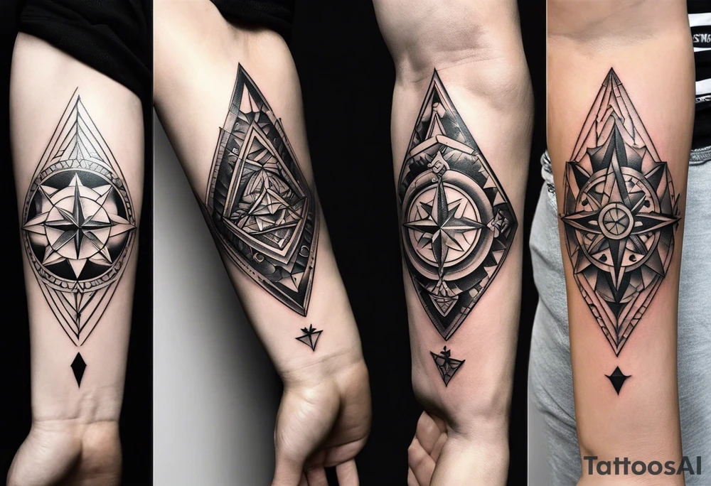 Fine line tattoo in the left forearm on the bottom side. The tattoo will have three shapes placed in a triangle formation. The top shape will be a either a plus sign or a heart that symbolizes health. The bottom left will have a compass rose or a shape symbol for purpose. The bottom right will have three circles placed in a triangle formation to symbolize family. Tattoo should be minimalist with just the shapes filled in and no ornaments tattoo idea