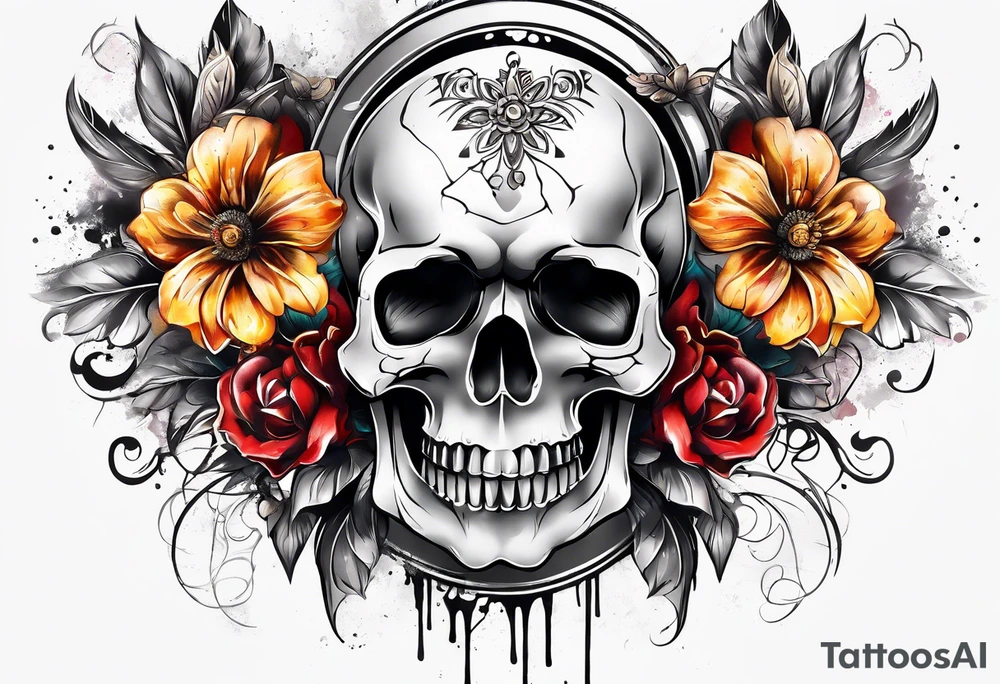 front knee tattoo with flowers & skulls, & water washes, background washes tattoo idea