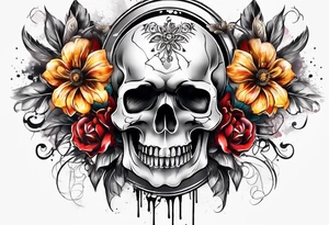 front knee tattoo with flowers & skulls, & water washes, background washes tattoo idea