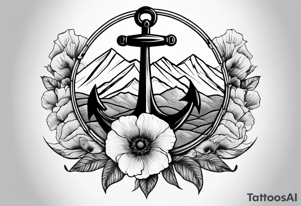 an anchor with a poppy flower in front of it and mountains behind it tattoo idea