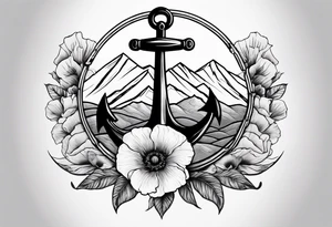 an anchor with a poppy flower in front of it and mountains behind it tattoo idea