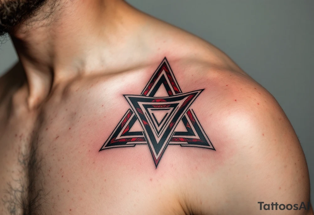 A bold tribal-style triquetra, filled with deep red and black patterns tattoo idea