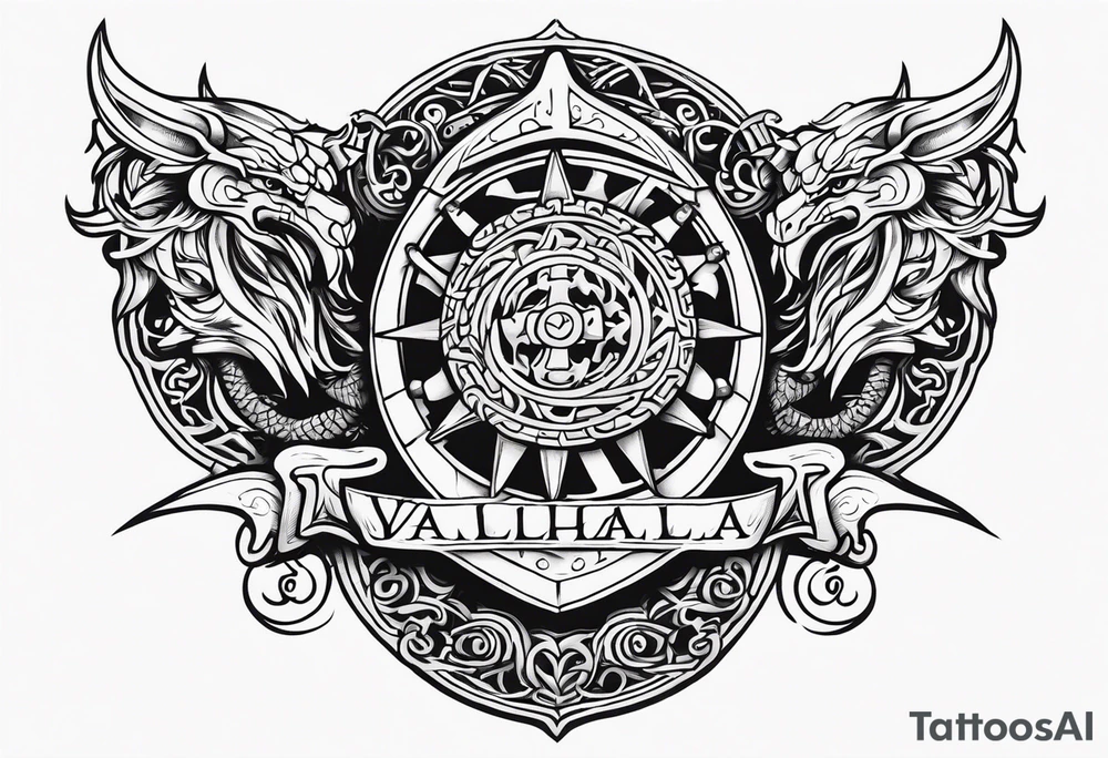 Valhalla sword shield viking ship dragon head tattoo idea