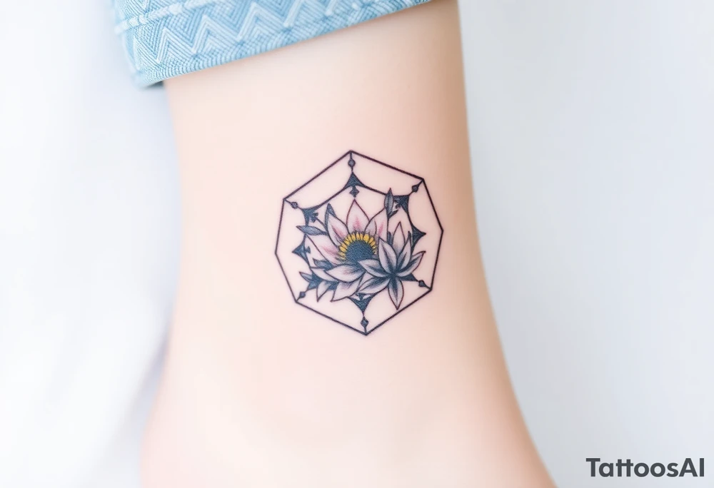 Faint Hexagon with astrological sign for Leo, larkspur and water lilies in the center tattoo idea