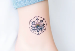 Faint Hexagon with astrological sign for Leo, larkspur and water lilies in the center tattoo idea