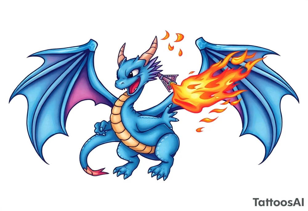 Blue fire breathing dragon with wings spread tattoo idea