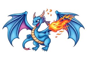 Blue fire breathing dragon with wings spread tattoo idea