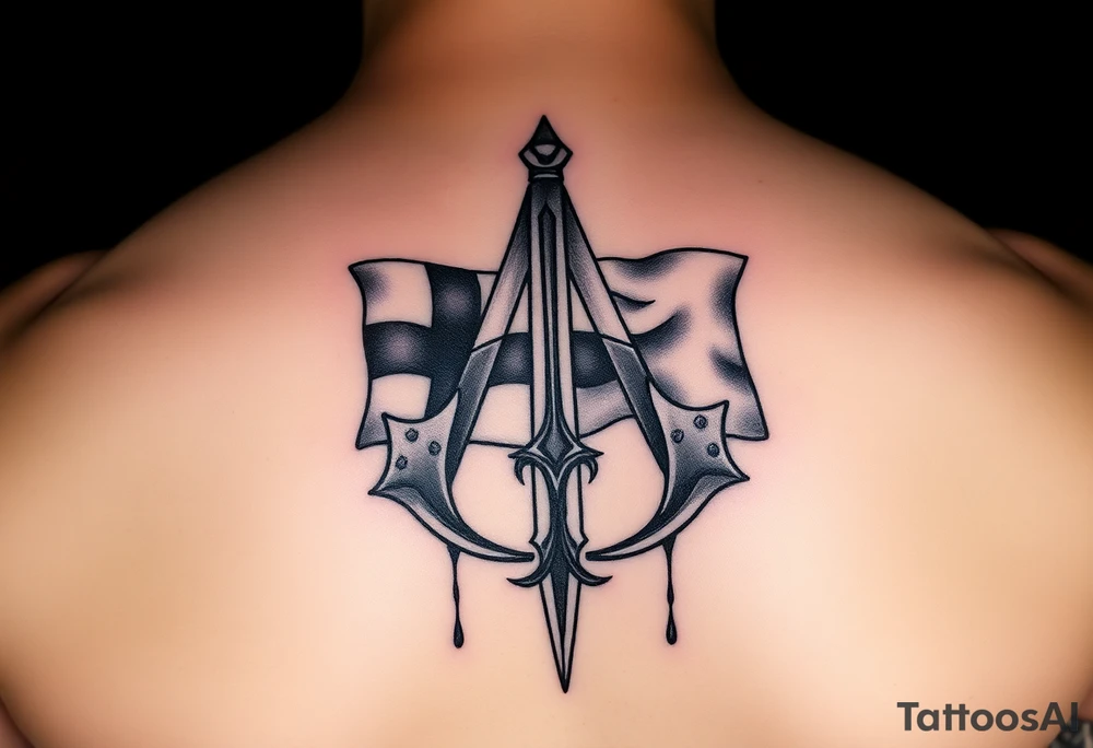 Assassins Creed logo with English flag and a sword with blood tattoo idea
