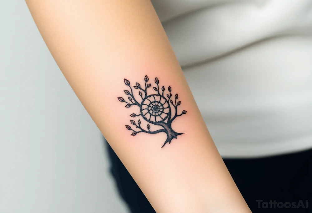 Fibonacci spiral shell inside of tree with little leaves tattoo idea