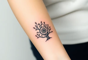 Fibonacci spiral shell inside of tree with little leaves tattoo idea