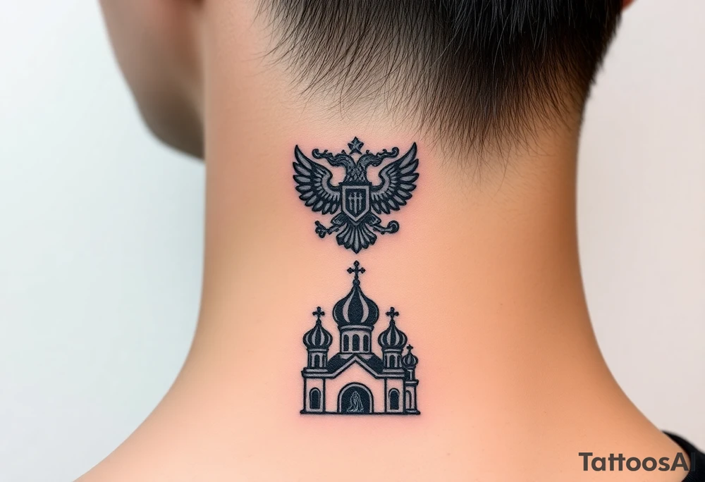 Stacked Vertical Column 

Russian star — small, bold
Middle: Miniature double-headed eagle — simplified, cleaner lines to suit the smaller space
Bottom: Orthodox church dome(s) with a small Virgin Mary silhouette beneath tattoo idea