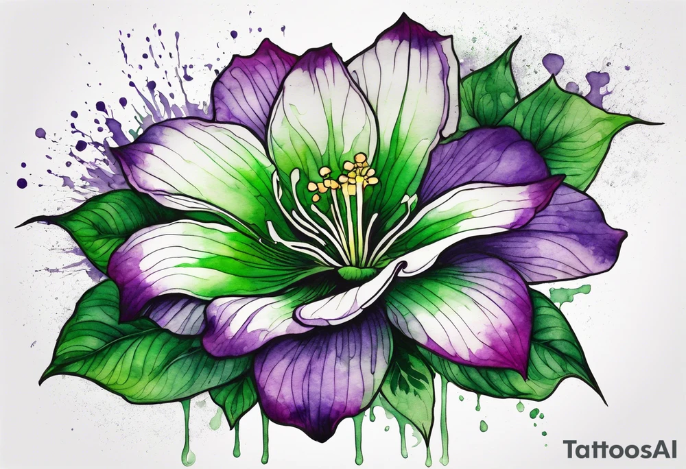 A mystical outline of a green and purple rio dipladenia flower and a green and purple watercolor splash in the background tattoo idea