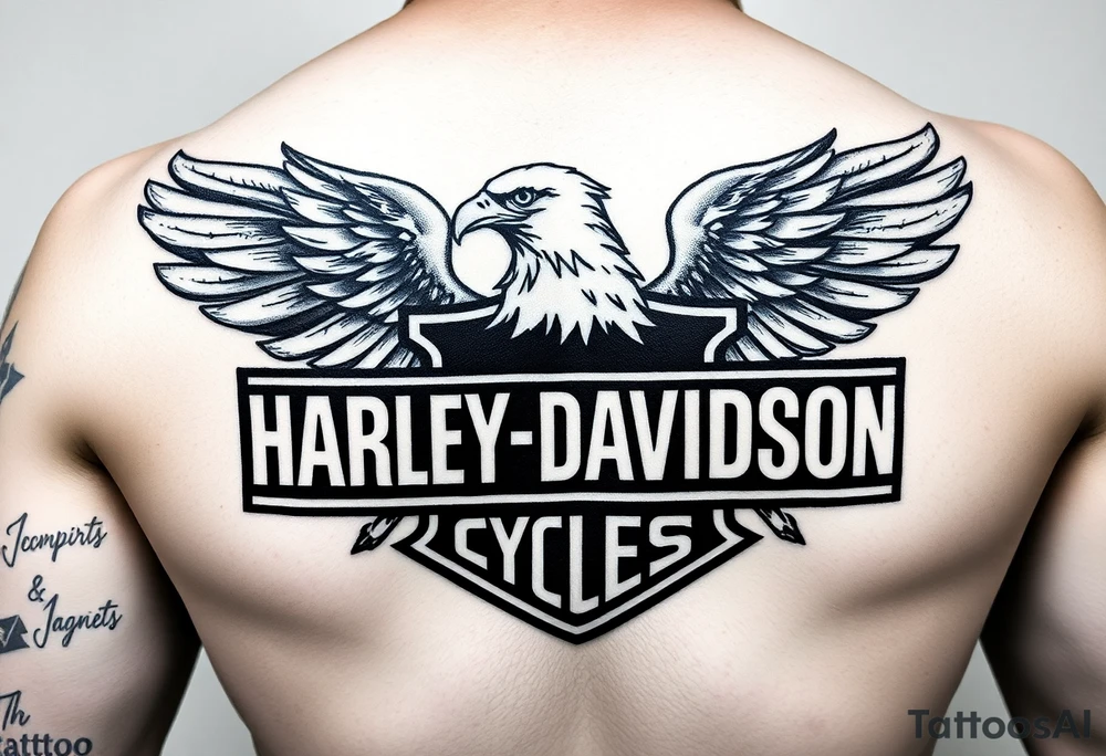 Harley Davidson logo with bald eagle American flag background tattoo idea