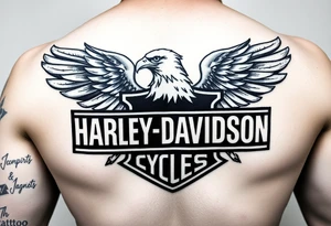 Harley Davidson logo with bald eagle American flag background tattoo idea