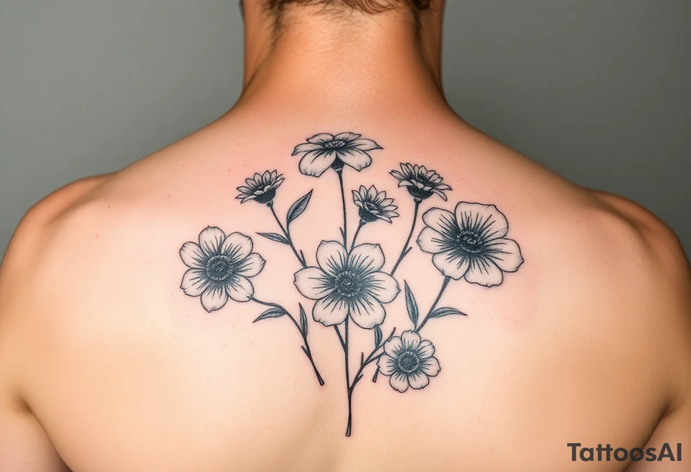 April, November and August birthflowers with July birthflower as filler tattoo idea