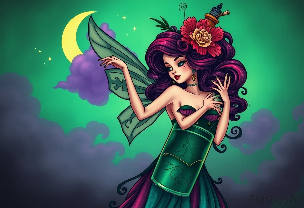 Tim Burton’s kelly doty pin up style Vintage Parisian elegant and hauntingly beautiful yet eerie full body absinthe Green Fairy dances outside her victorian crystal decatur she was once inside this elaborate ornate bottle absinthe bottle Absinthe Art Nouveau   and dripping with muted reds, dusty pinks, and eerie green glow.purple and cyan smokey clouds swirl in the crescent moonlit sky thats sprinkled with stars tattoo idea