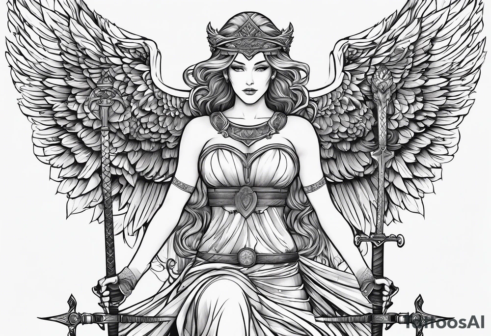 Nemesis, the goddess of justice, standing with sword and scale tattoo idea