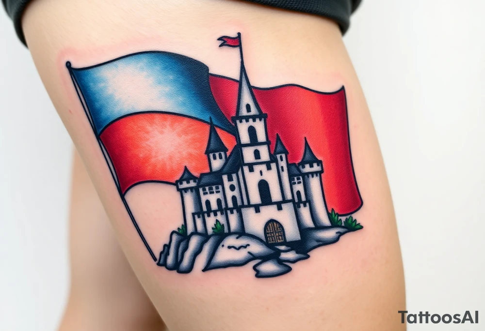 A Czech flag waving behind a medieval castle tattoo idea
