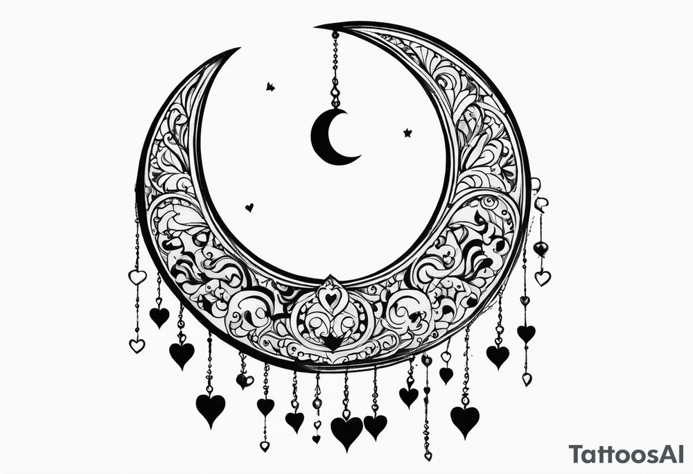 Crescent moon with hearts dangling from the bottom of it tattoo idea