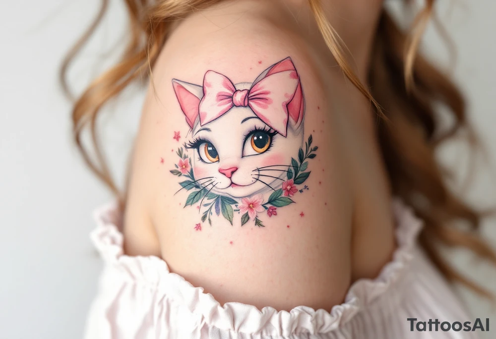 Channeling Parisian chic, this white and pink Marie with pink head bow tattoo honors The Aristocats in style. tattoo idea