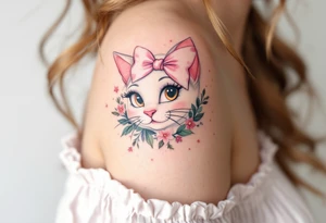 Channeling Parisian chic, this white and pink Marie with pink head bow tattoo honors The Aristocats in style. tattoo idea