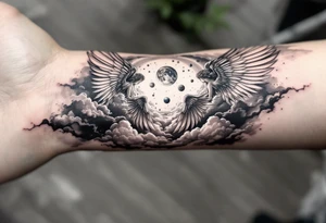 angels with wings standing on clouds looking down upon the world and planets in the background to give it more detail make it a half sleeve to cover up one side of the forearm tattoo idea