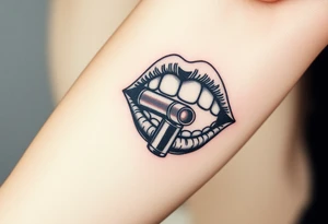 A set of lips snarling with 50cal round between teeth tattoo idea