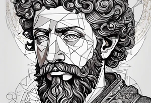 The Face of marcus aurelius with the lower left half missing. He is looking slightly away at 25 degrees. Geometric symbols framing the background tattoo idea