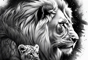 shoulder sleeve with lion and cub, landscape background tattoo idea