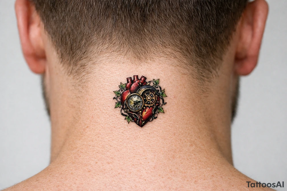 Surreal anatomical heart with exposed clockwork gears, vines entwining the chest. tattoo idea