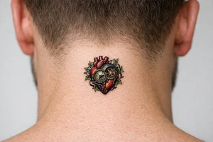 Surreal anatomical heart with exposed clockwork gears, vines entwining the chest. tattoo idea